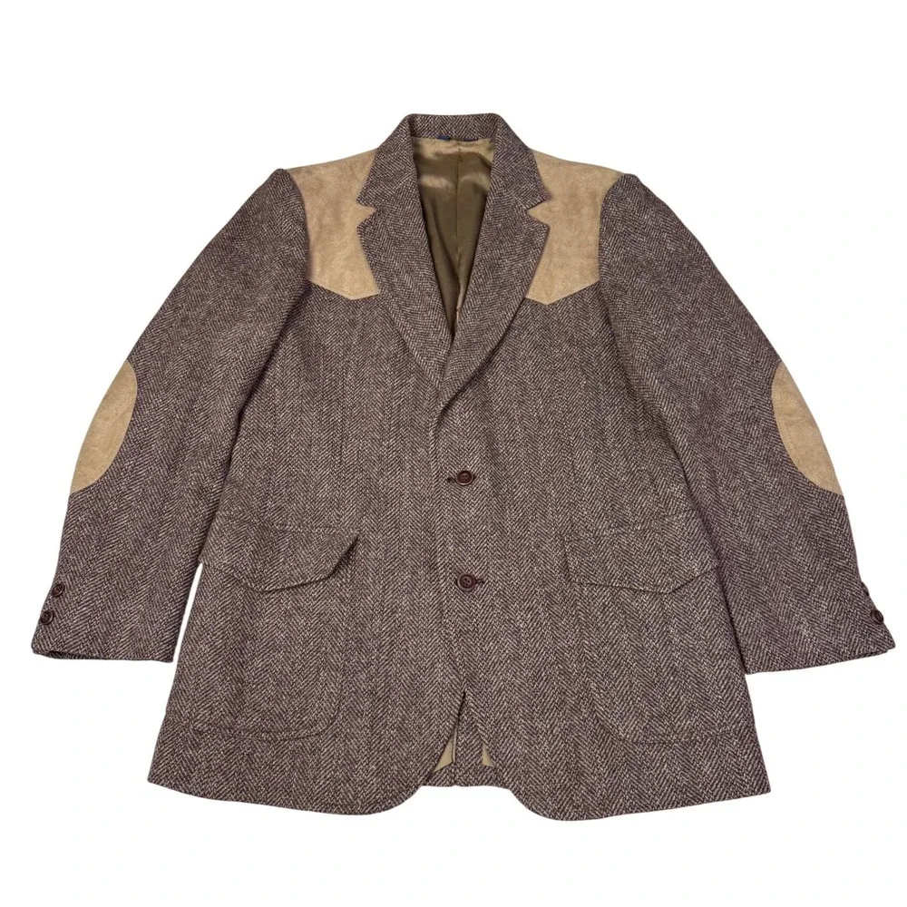Pendleton Mens Brown Wool Herringbone Western Blazer Suede Yoke Elbow Patch 42L‎